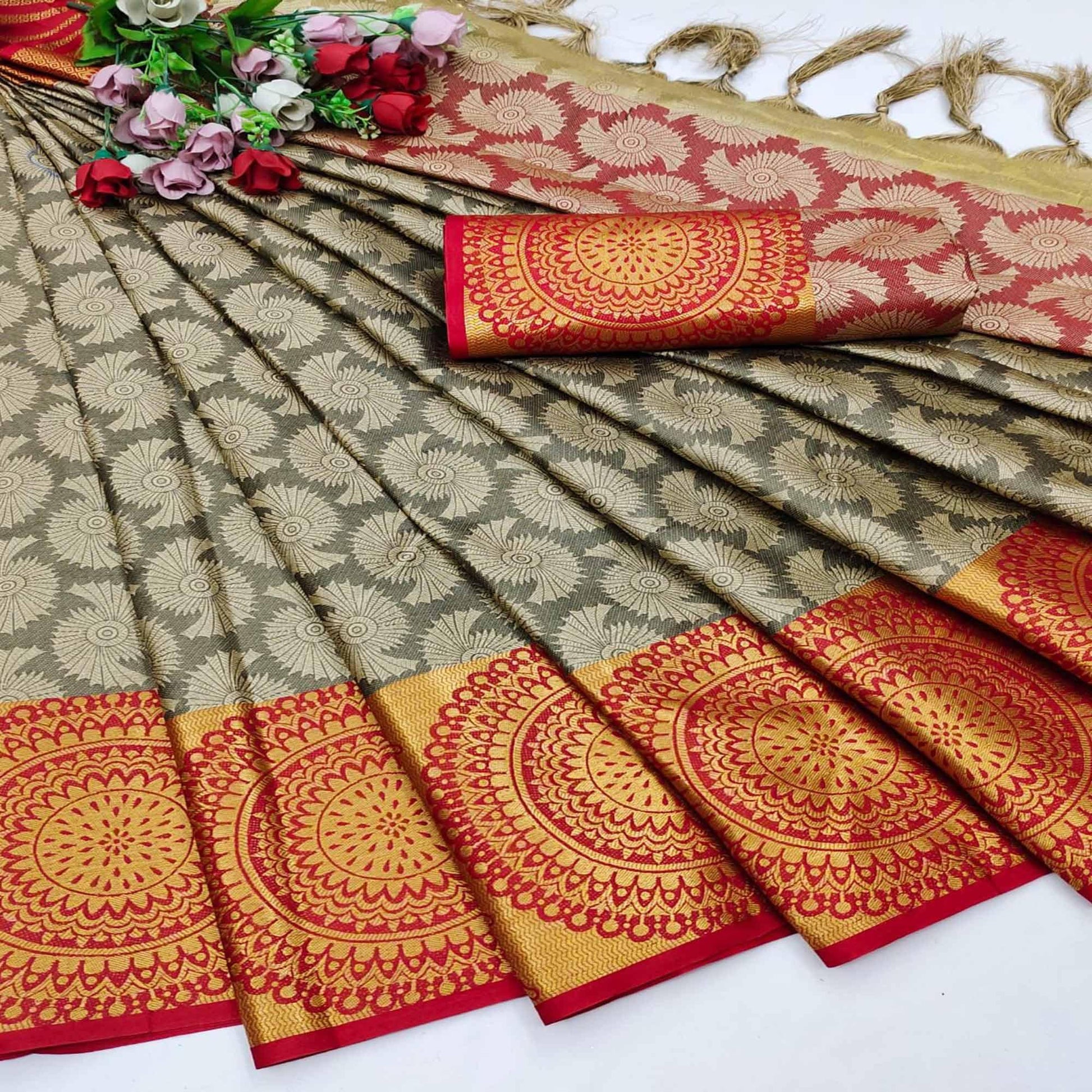 Chikoo Colored Festive Wear Woven Desginer Cotton Silk Saree