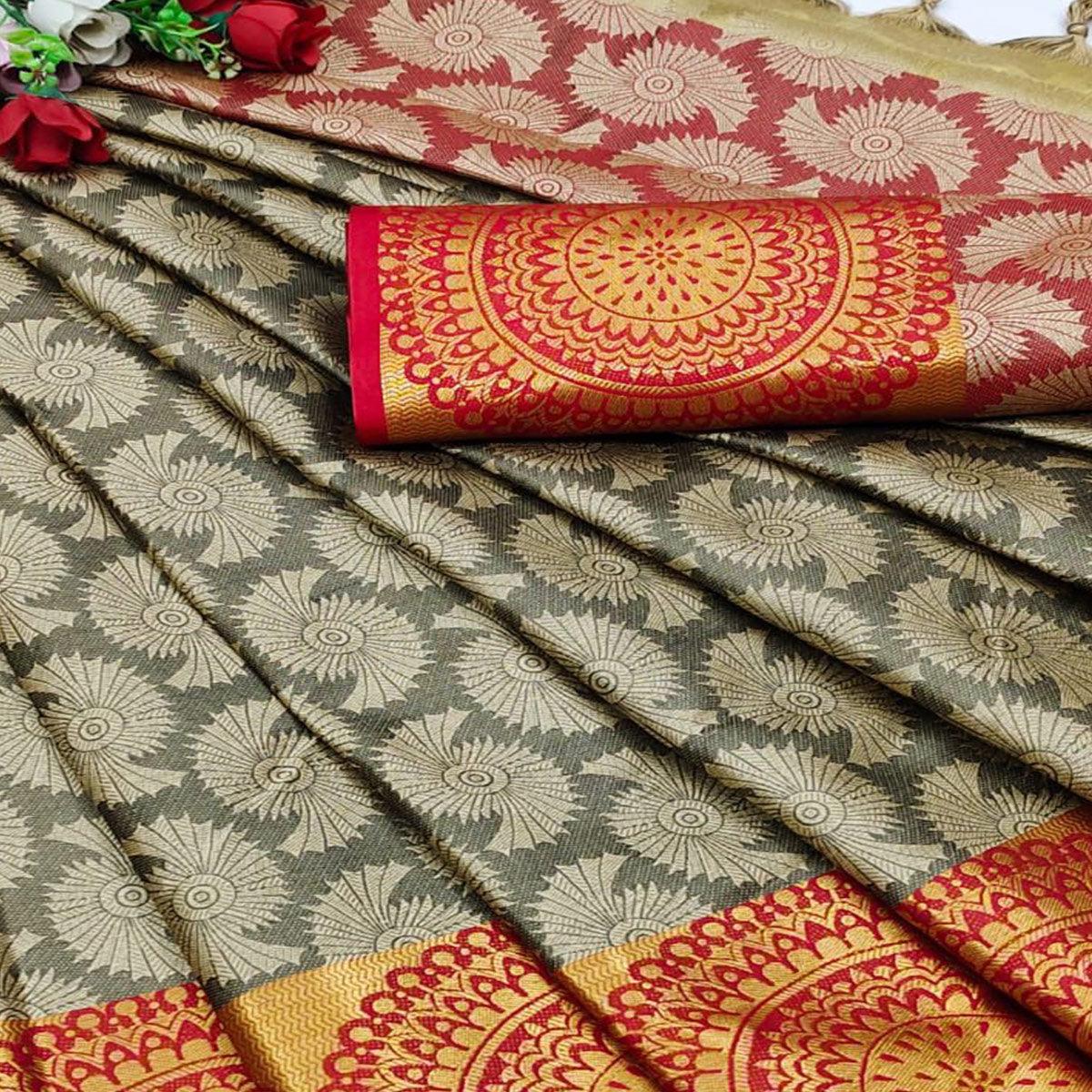Chikoo Colored Festive Wear Woven Desginer Cotton Silk Saree