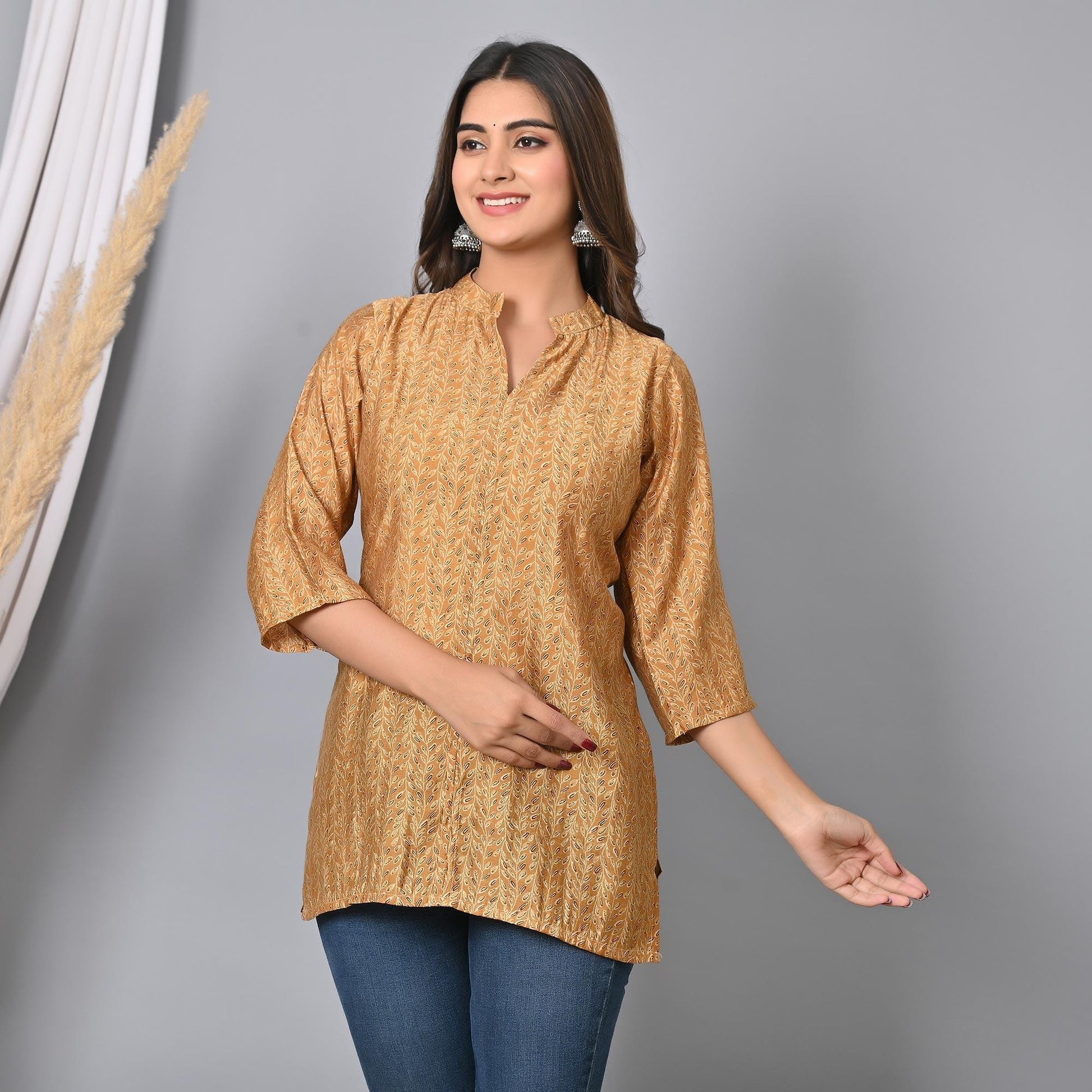 Chikoo Colored Floral Printed Chanderi Top