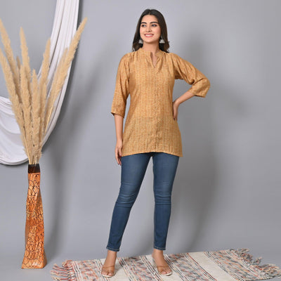 Chikoo Colored Floral Printed Chanderi Top