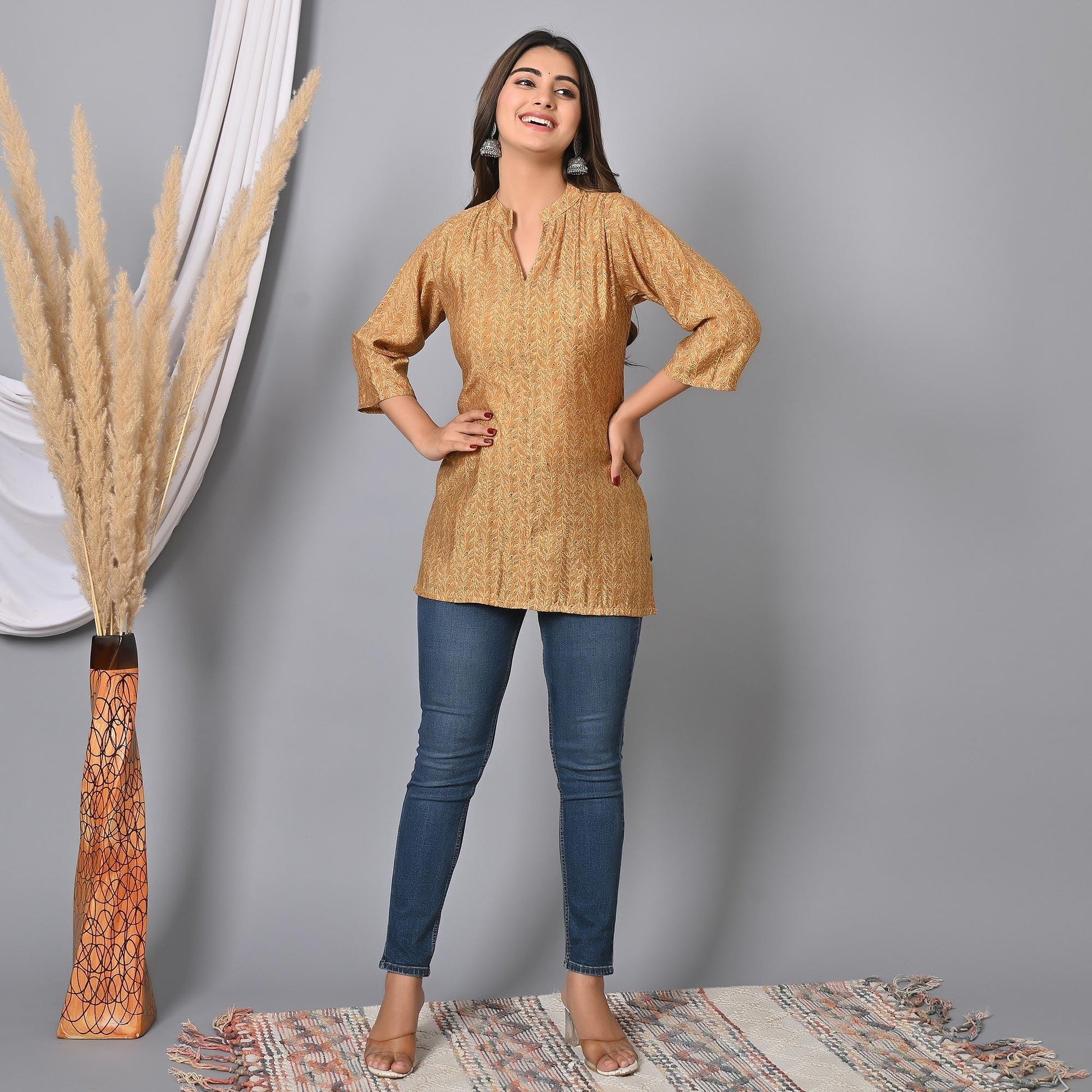 Chikoo Colored Floral Printed Chanderi Top