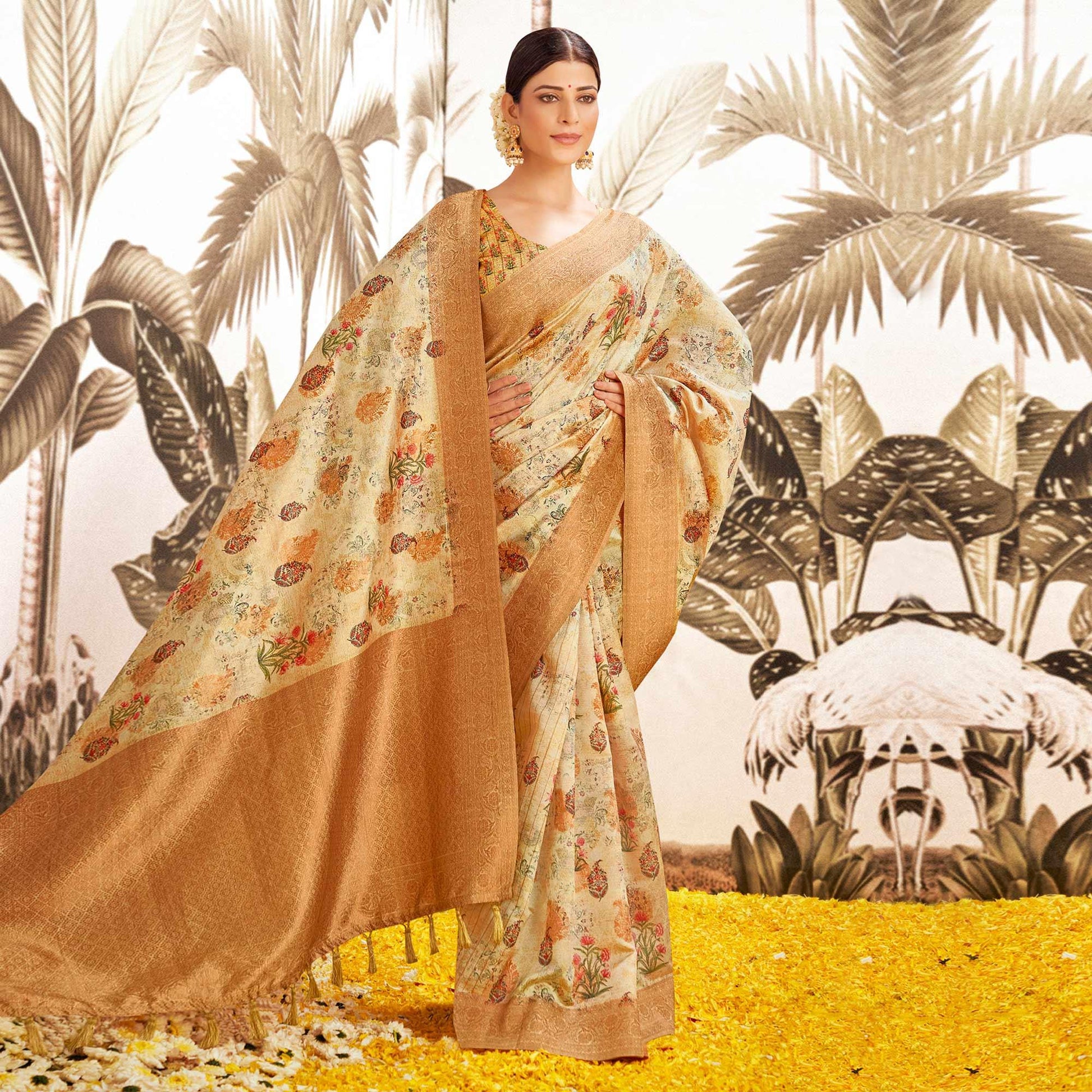 Chikoo Digital Printed Art Silk Saree With Tassels
