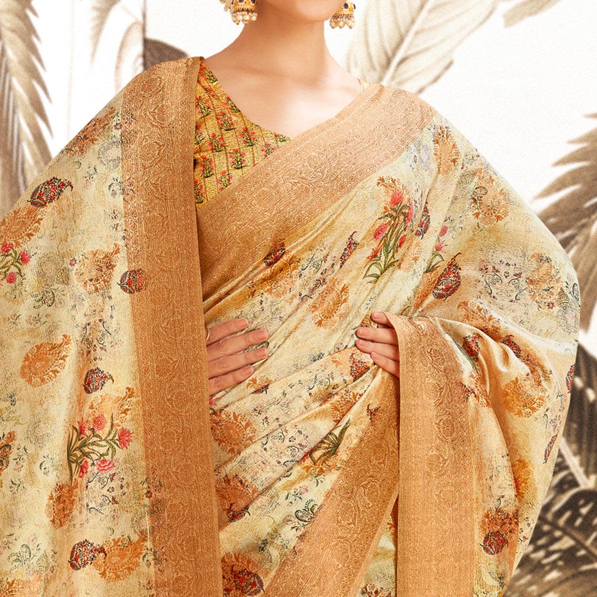 Chikoo Digital Printed Art Silk Saree With Tassels