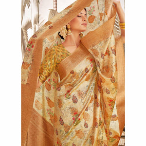 Chikoo Digital Printed Art Silk Saree With Tassels