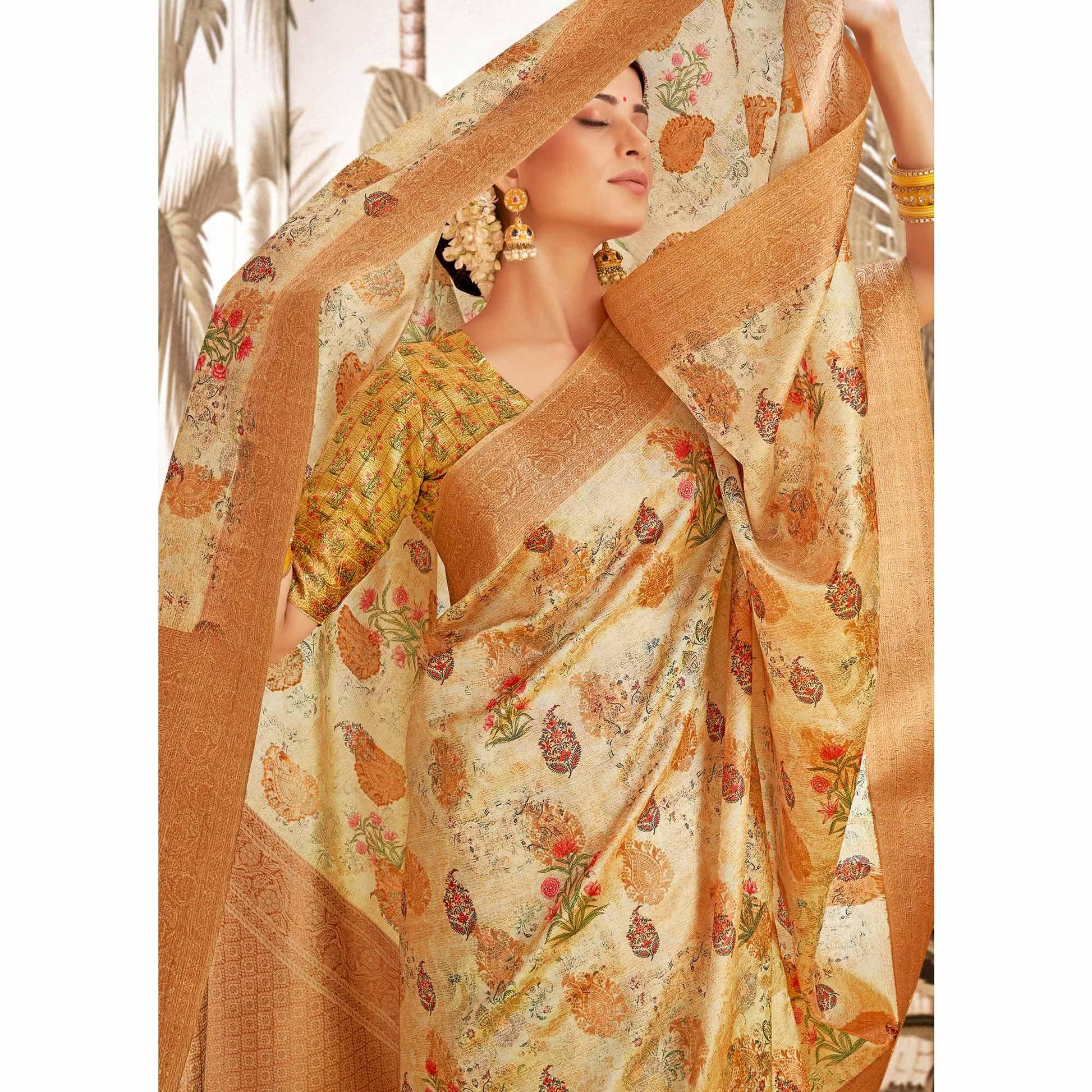 Chikoo Digital Printed Art Silk Saree With Tassels