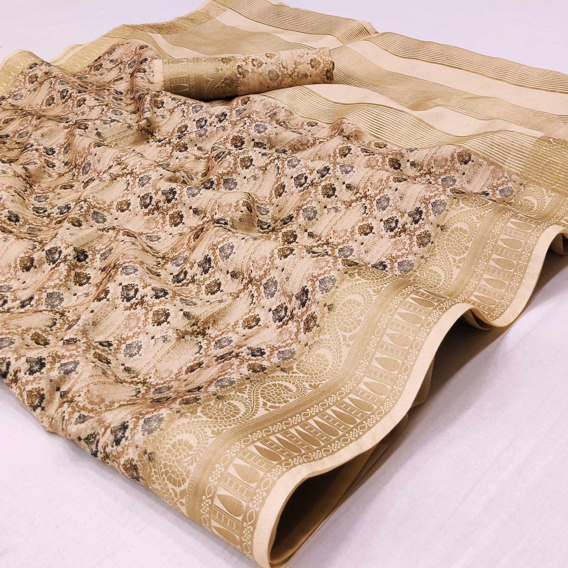 Chikoo Digital Printed Dola Silk Saree