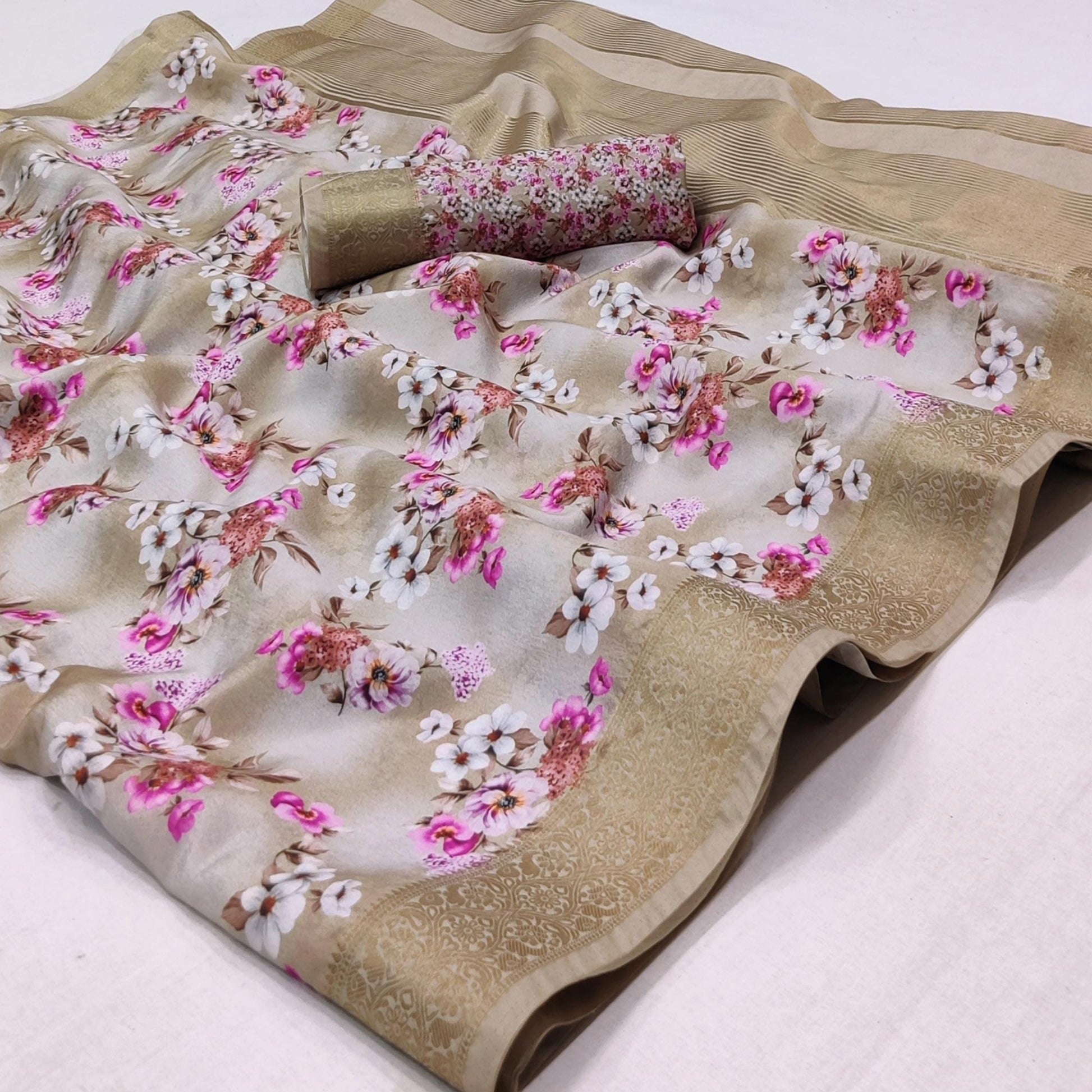 Chikoo Digital Printed Dola Silk Saree