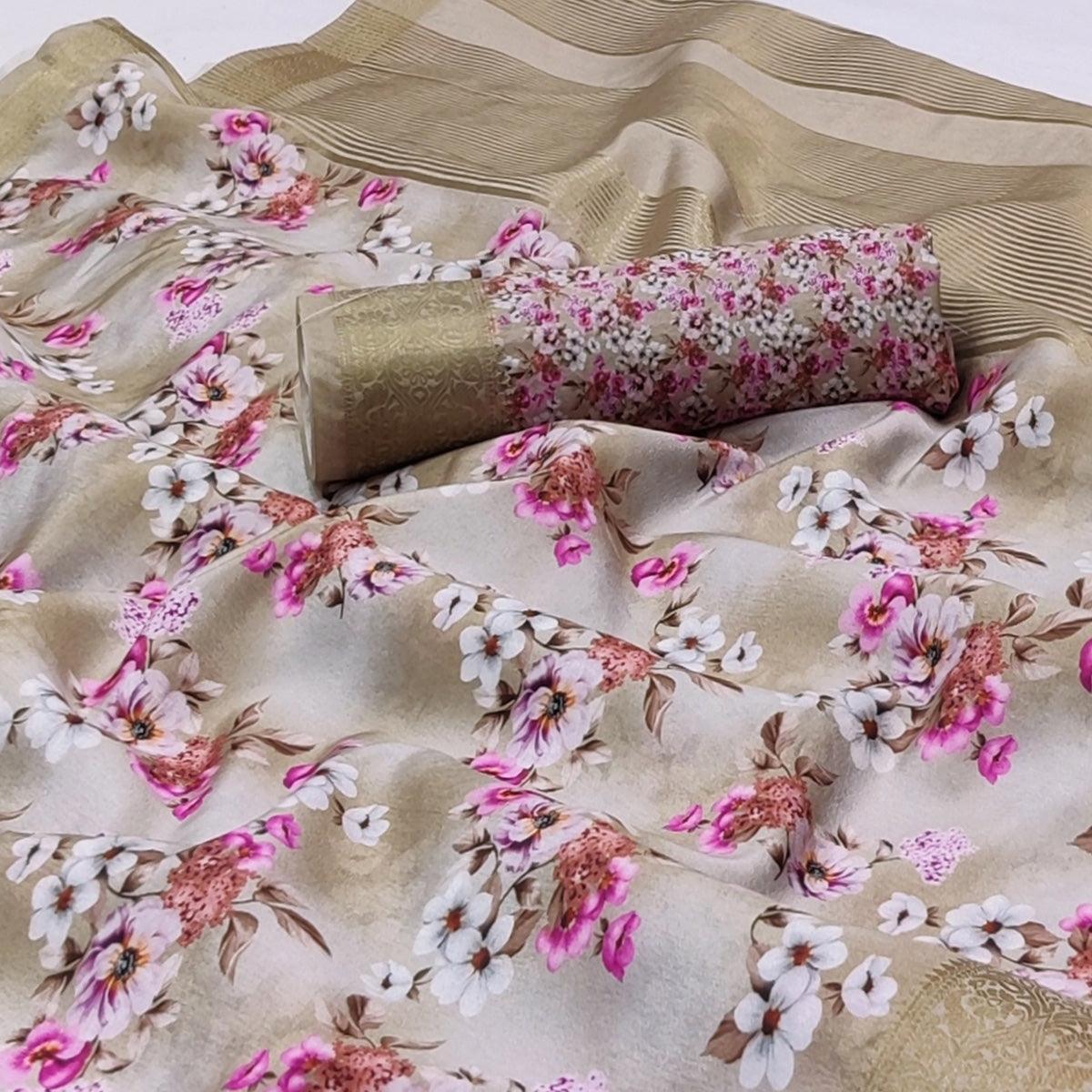 Chikoo Digital Printed Dola Silk Saree