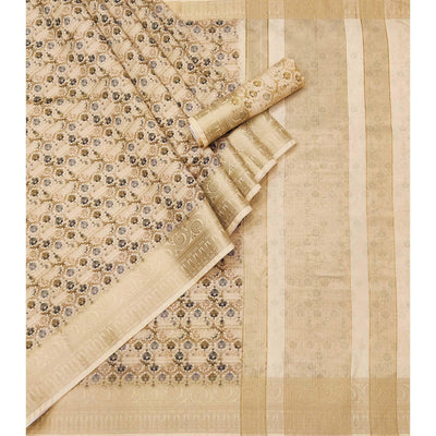 Chikoo Digital Printed Dola Silk Saree