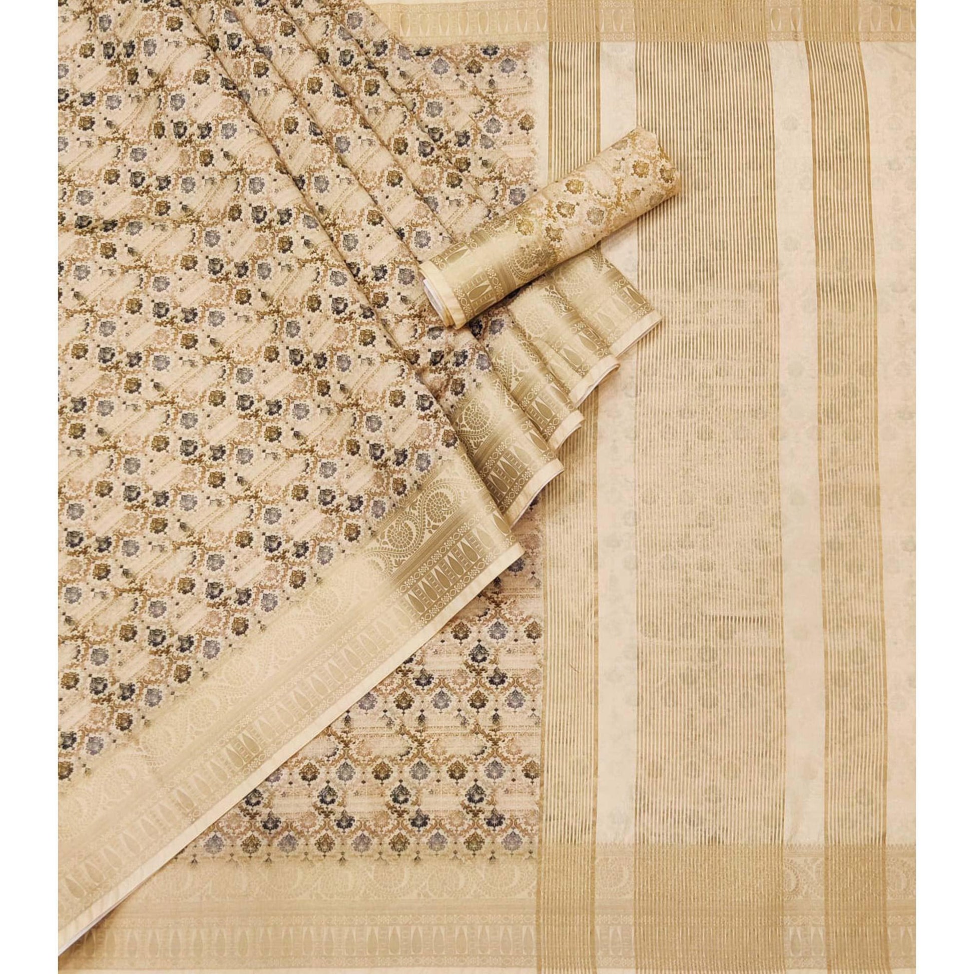 Chikoo Digital Printed Dola Silk Saree