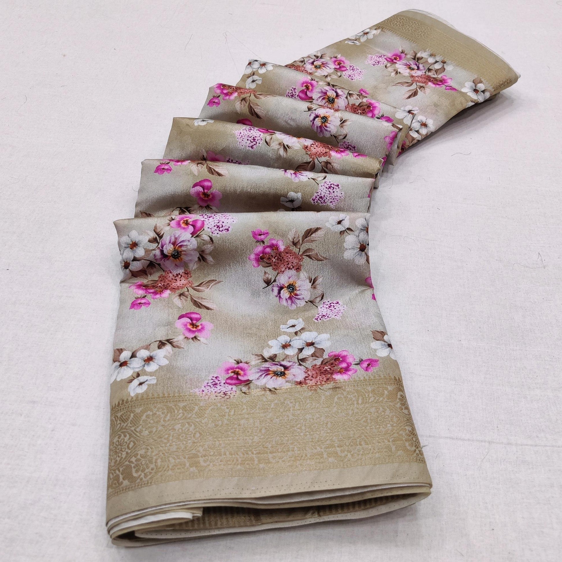 Chikoo Digital Printed Dola Silk Saree