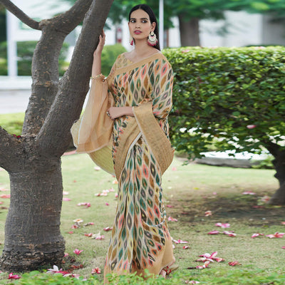Chikoo Digital Printed Linen Saree