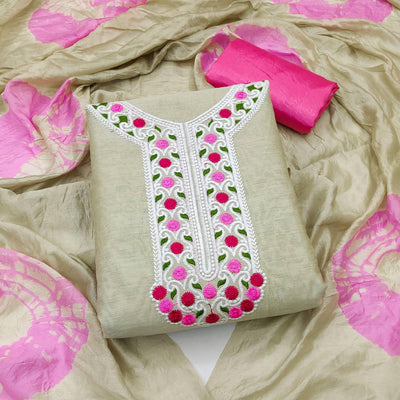 Chikoo Embroidered Chanderi Dress Material