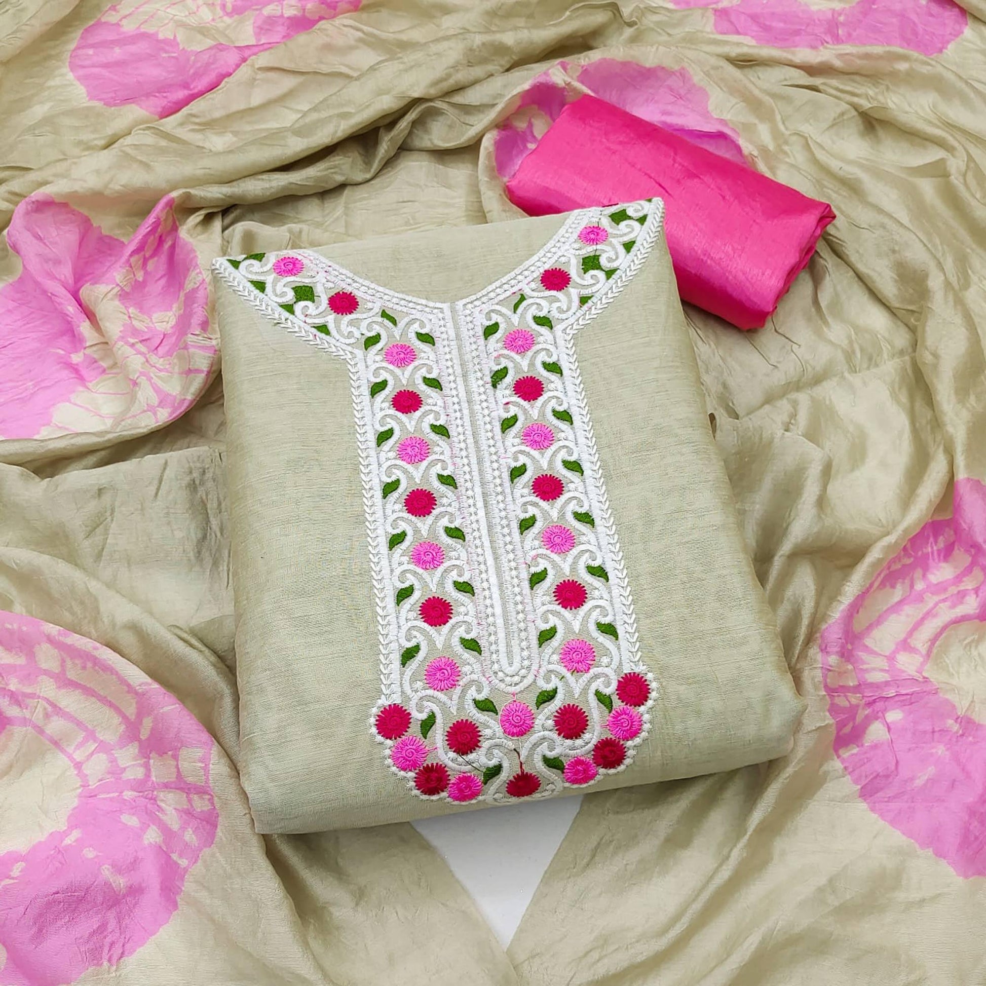 Chikoo Embroidered Chanderi Dress Material