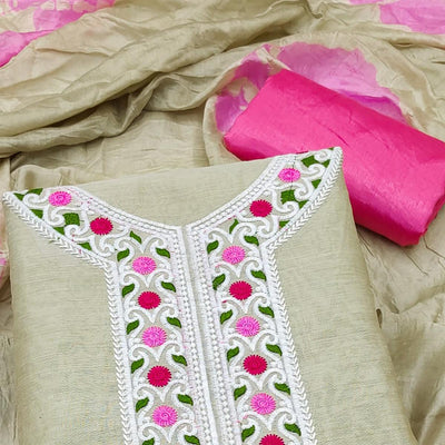 Chikoo Embroidered Chanderi Dress Material