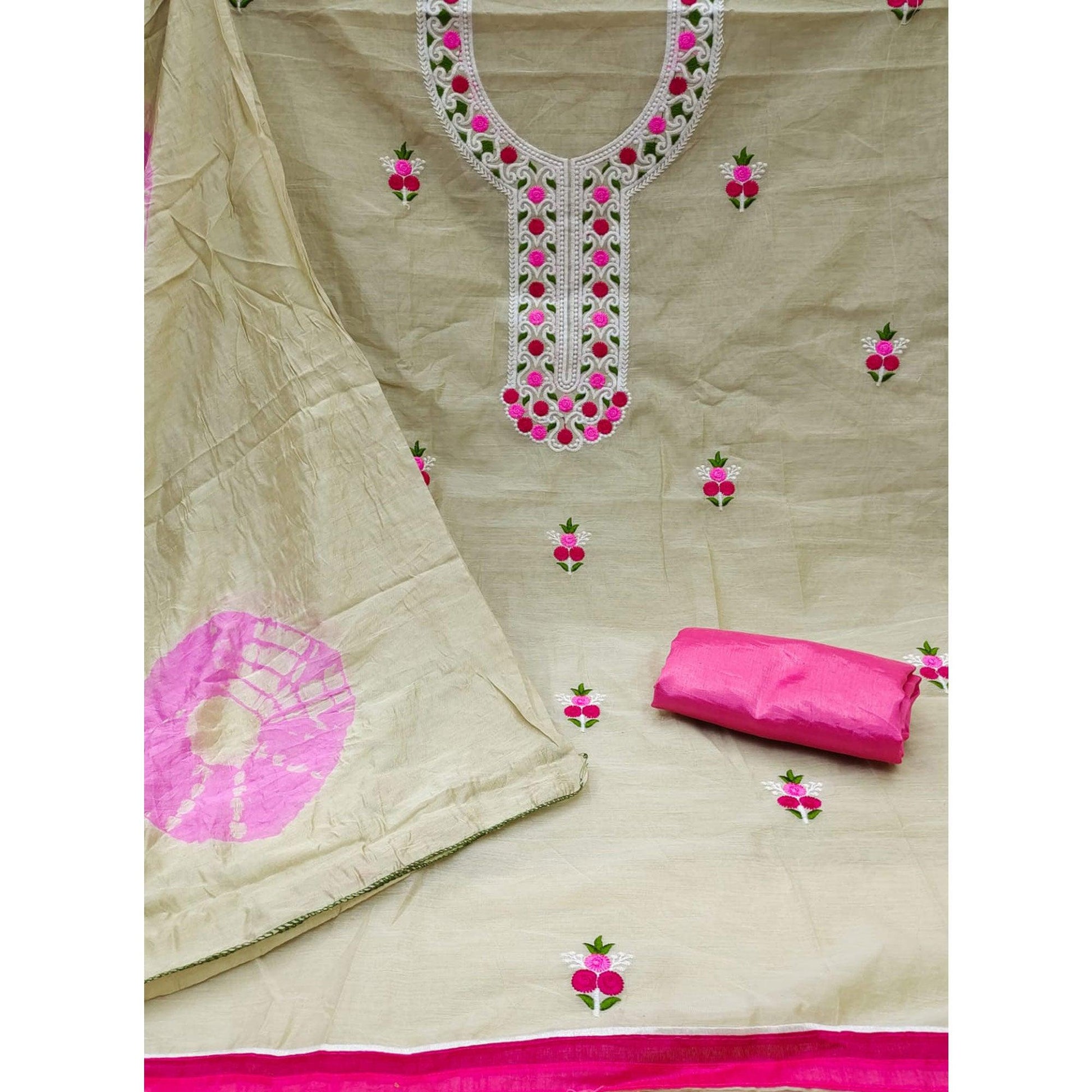 Chikoo Embroidered Chanderi Dress Material