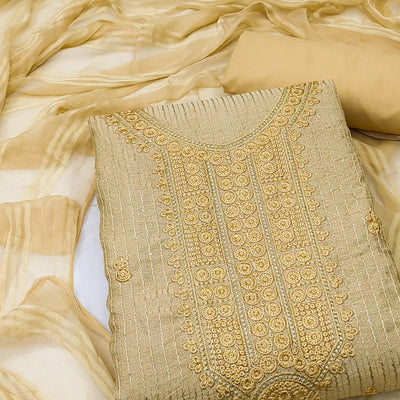 Chikoo Embroidered Cotton Blend Dress Material