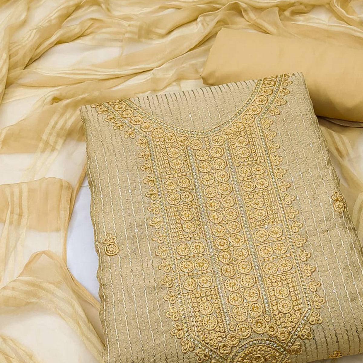 Chikoo Embroidered Cotton Blend Dress Material