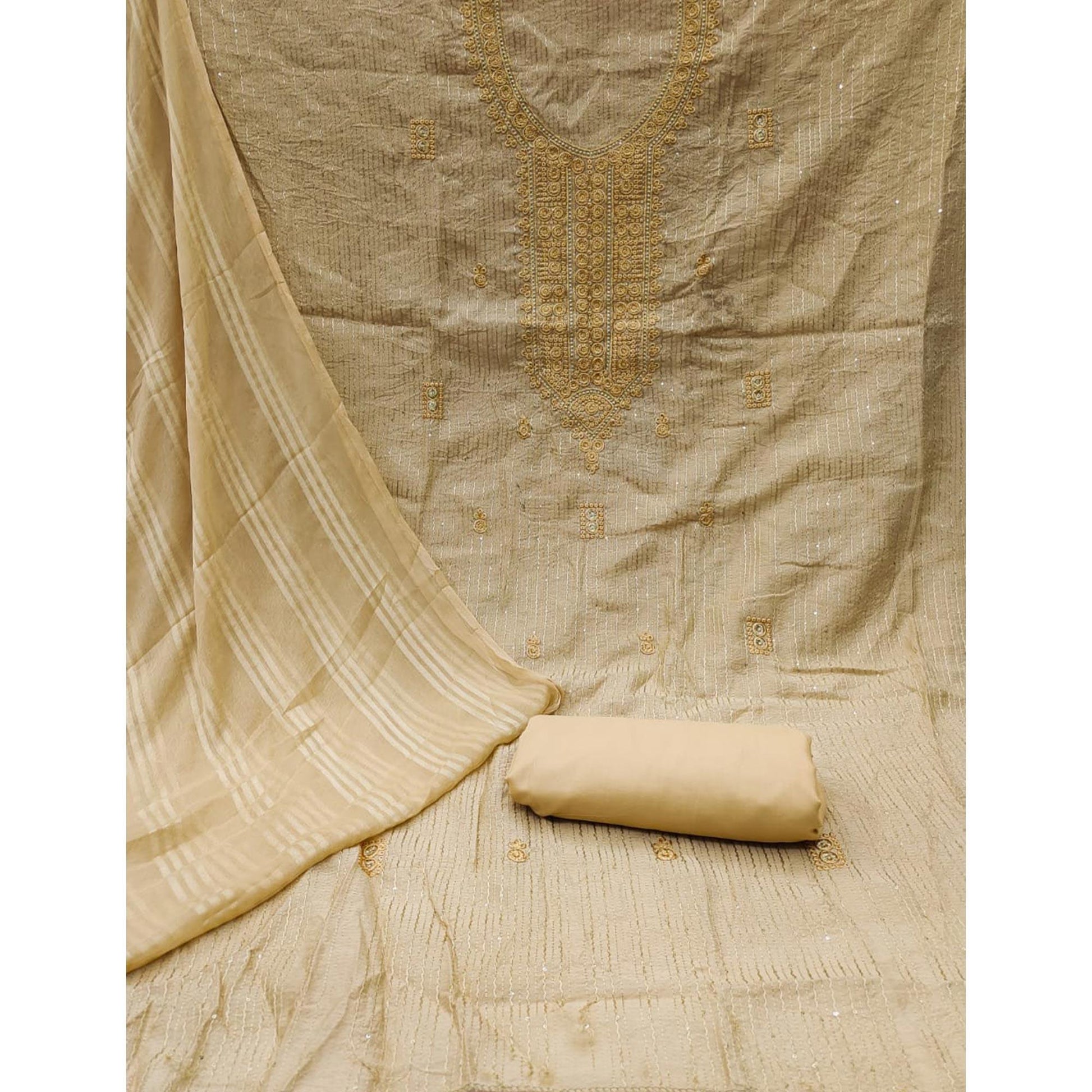 Chikoo Embroidered Cotton Blend Dress Material