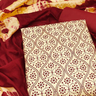 Chikoo Embroidered Pure Silk Dress Material