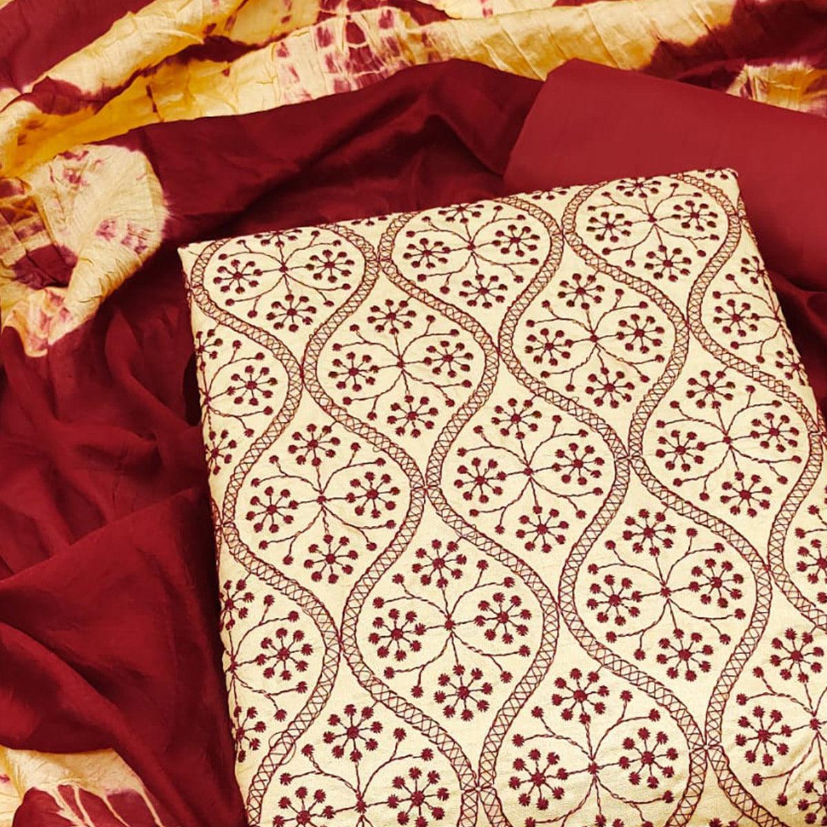 Chikoo Embroidered Pure Silk Dress Material