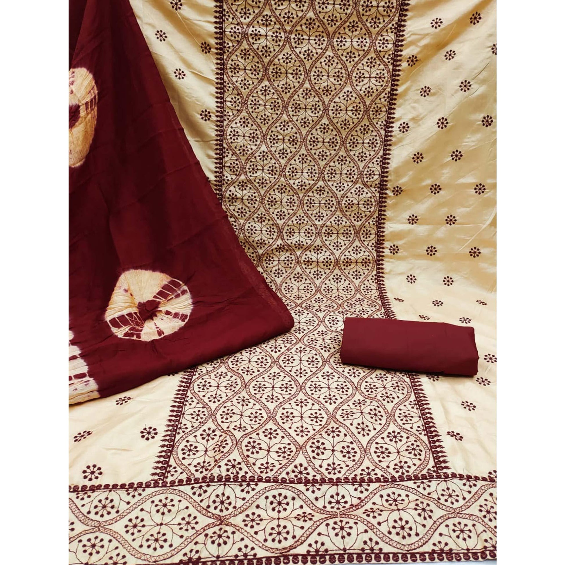 Chikoo Embroidered Pure Silk Dress Material