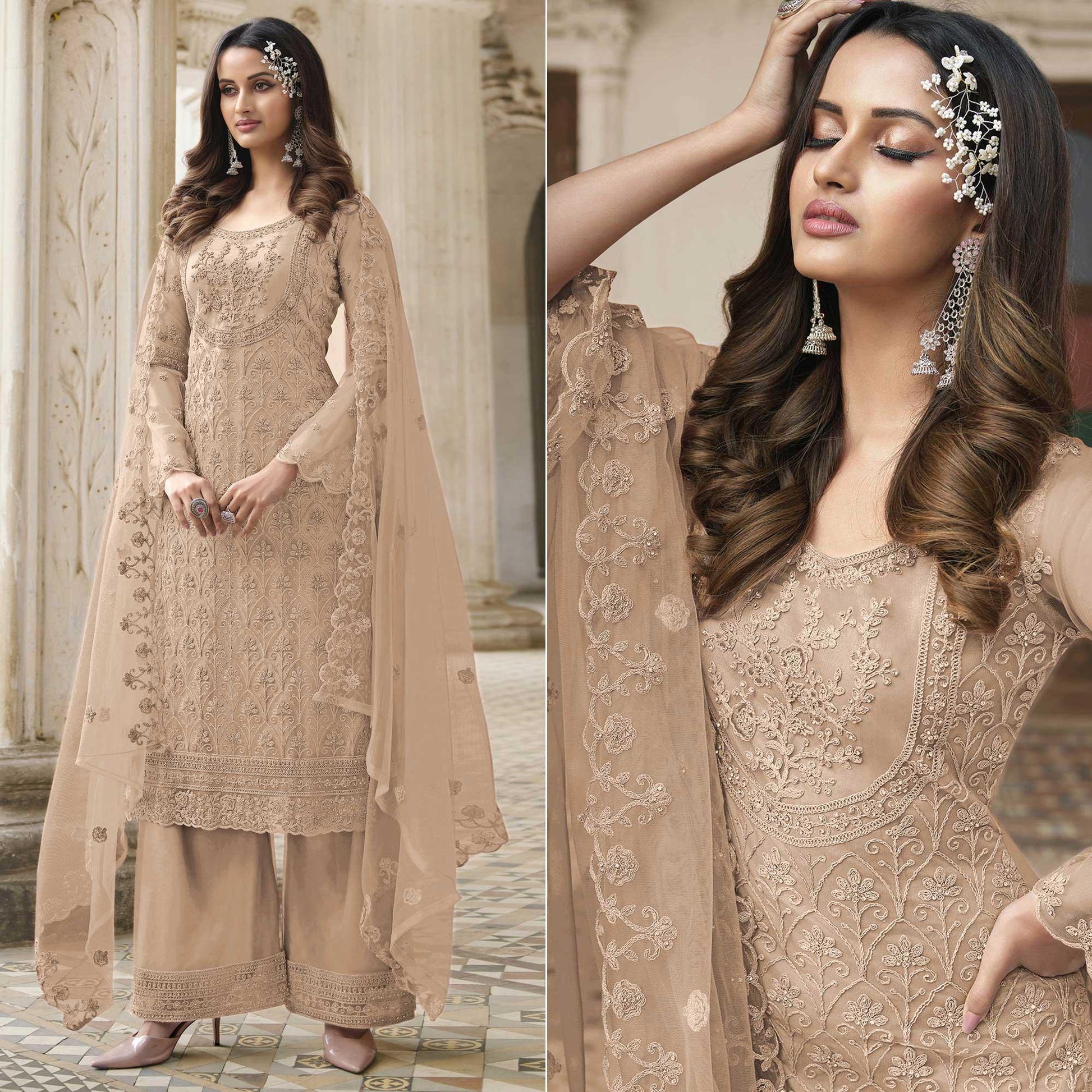 Chikoo Embroidered With Embellished Net Palazzo Suit