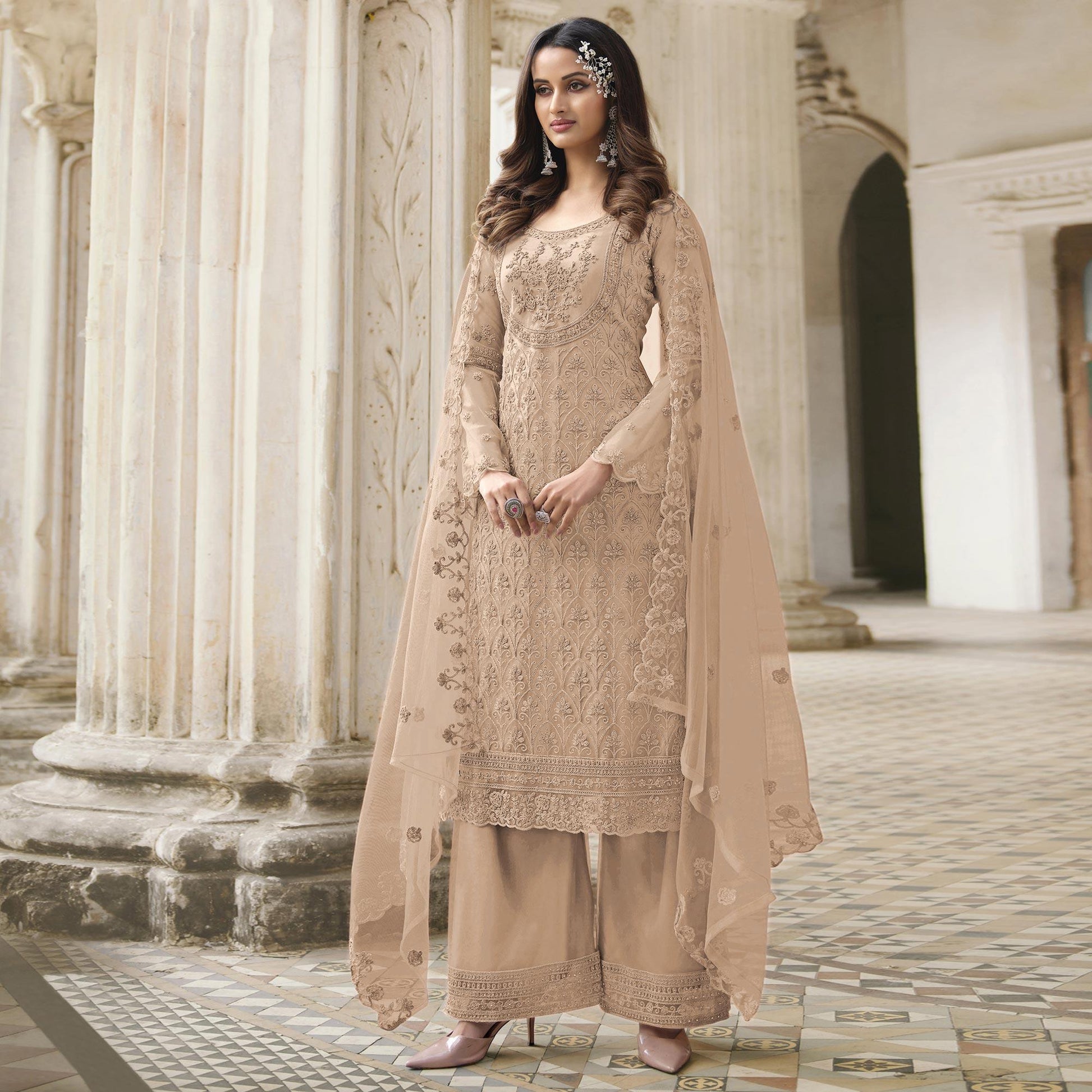 Chikoo Embroidered With Embellished Net Palazzo Suit