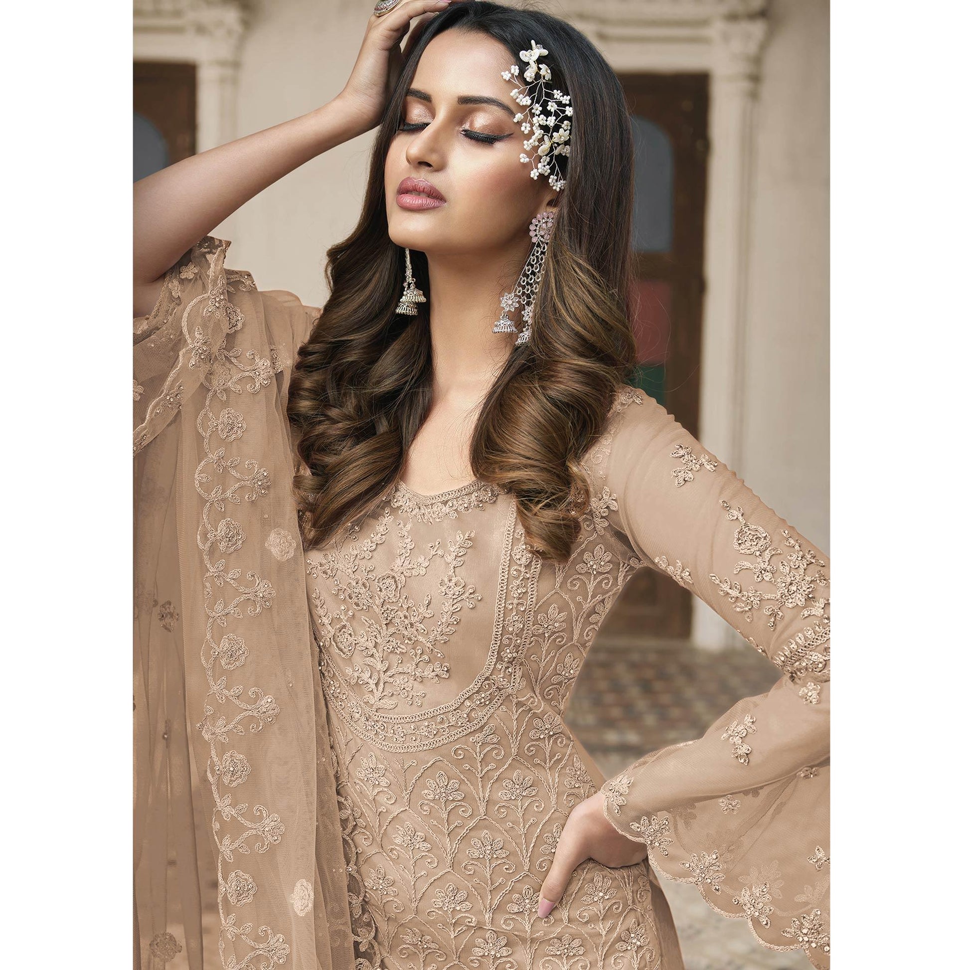 Chikoo Embroidered With Embellished Net Palazzo Suit