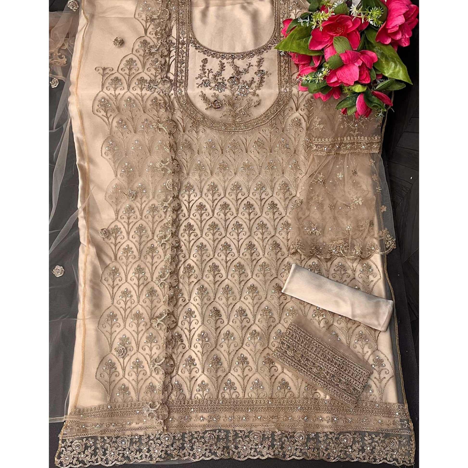 Chikoo Embroidered With Embellished Net Palazzo Suit