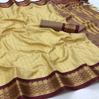 Chikoo Festive Wear Checks With Woven Border Cotton Silk Saree