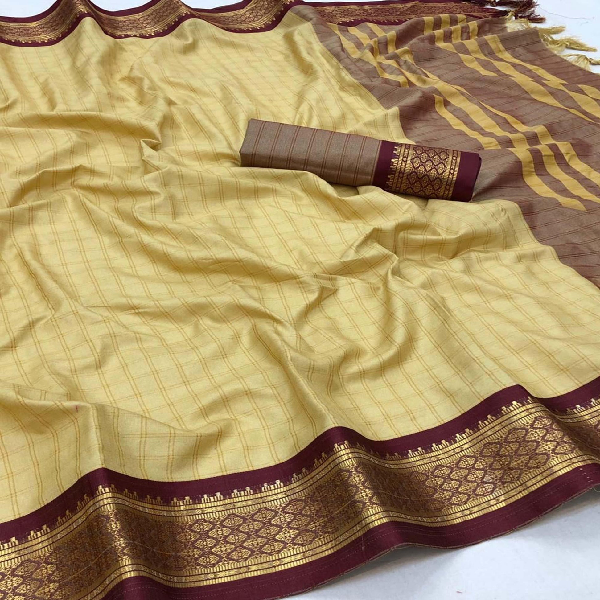 Chikoo Festive Wear Checks With Woven Border Cotton Silk Saree