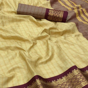 Chikoo Festive Wear Checks With Woven Border Cotton Silk Saree