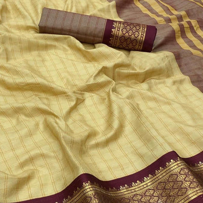 Chikoo Festive Wear Checks With Woven Border Cotton Silk Saree