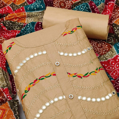 Chikoo Festive Wear Embroidered & Embellished Cotton Dress Material