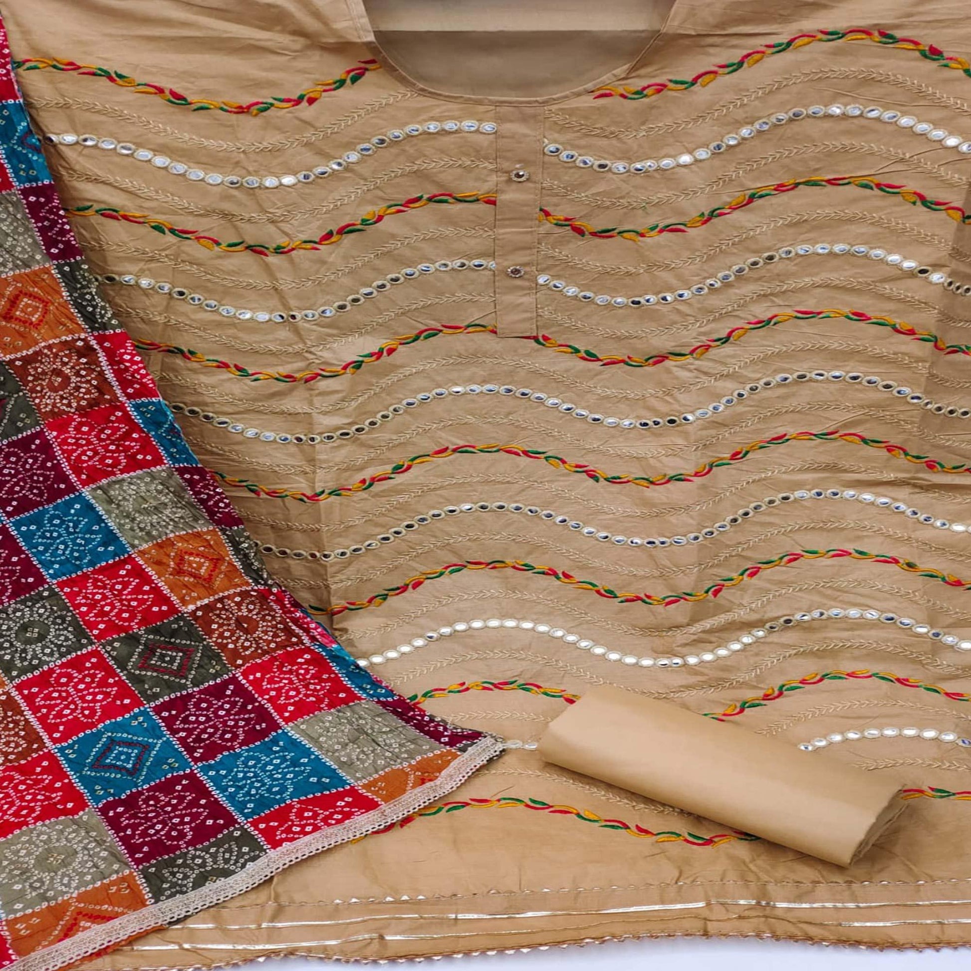 Chikoo Festive Wear Embroidered & Embellished Cotton Dress Material