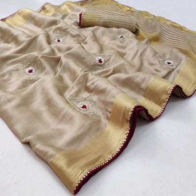 Chikoo Festive Wear Embroidered With Woven Soft Silk Saree