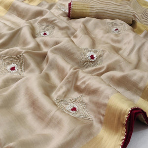 Chikoo Festive Wear Embroidered With Woven Soft Silk Saree