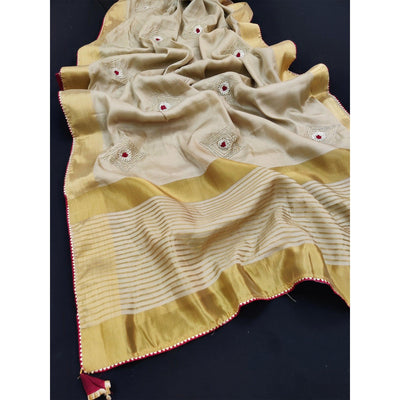 Chikoo Festive Wear Embroidered With Woven Soft Silk Saree