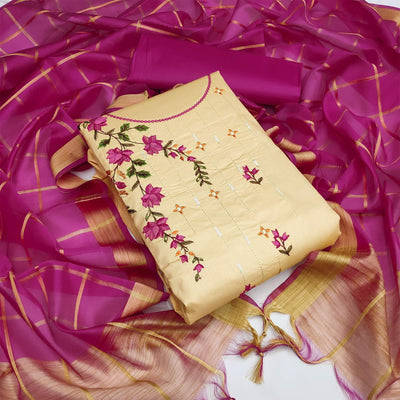Chikoo Festive Wear Floral Embroidery With Sequins Cotton Dress Material