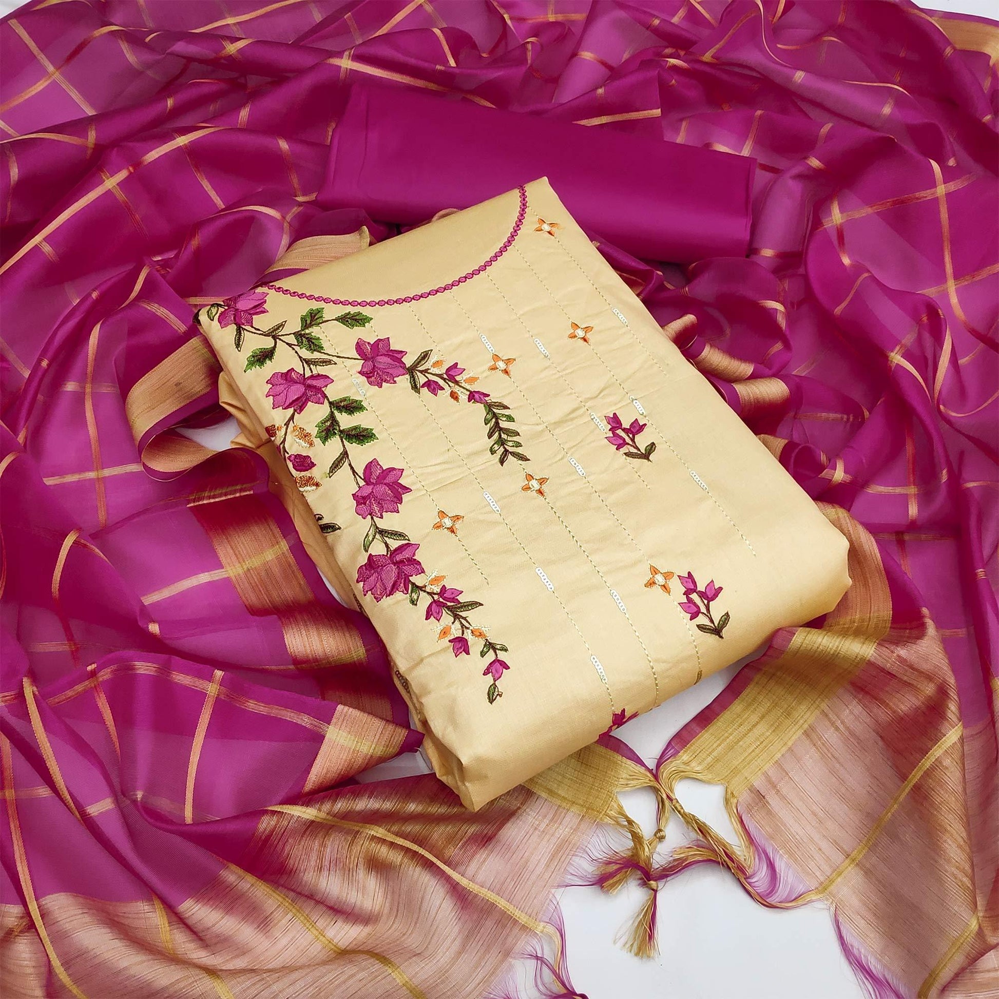 Chikoo Festive Wear Floral Embroidery With Sequins Cotton Dress Material