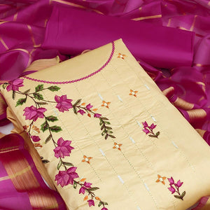 Chikoo Festive Wear Floral Embroidery With Sequins Cotton Dress Material