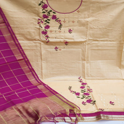 Chikoo Festive Wear Floral Embroidery With Sequins Cotton Dress Material