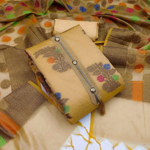 Chikoo Festive Wear Floral Woven Banarasi Silk Dress Material