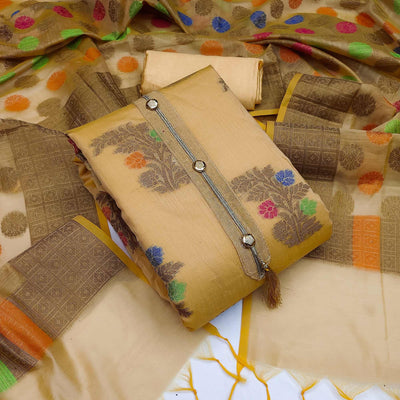 Chikoo Festive Wear Floral Woven Banarasi Silk Dress Material