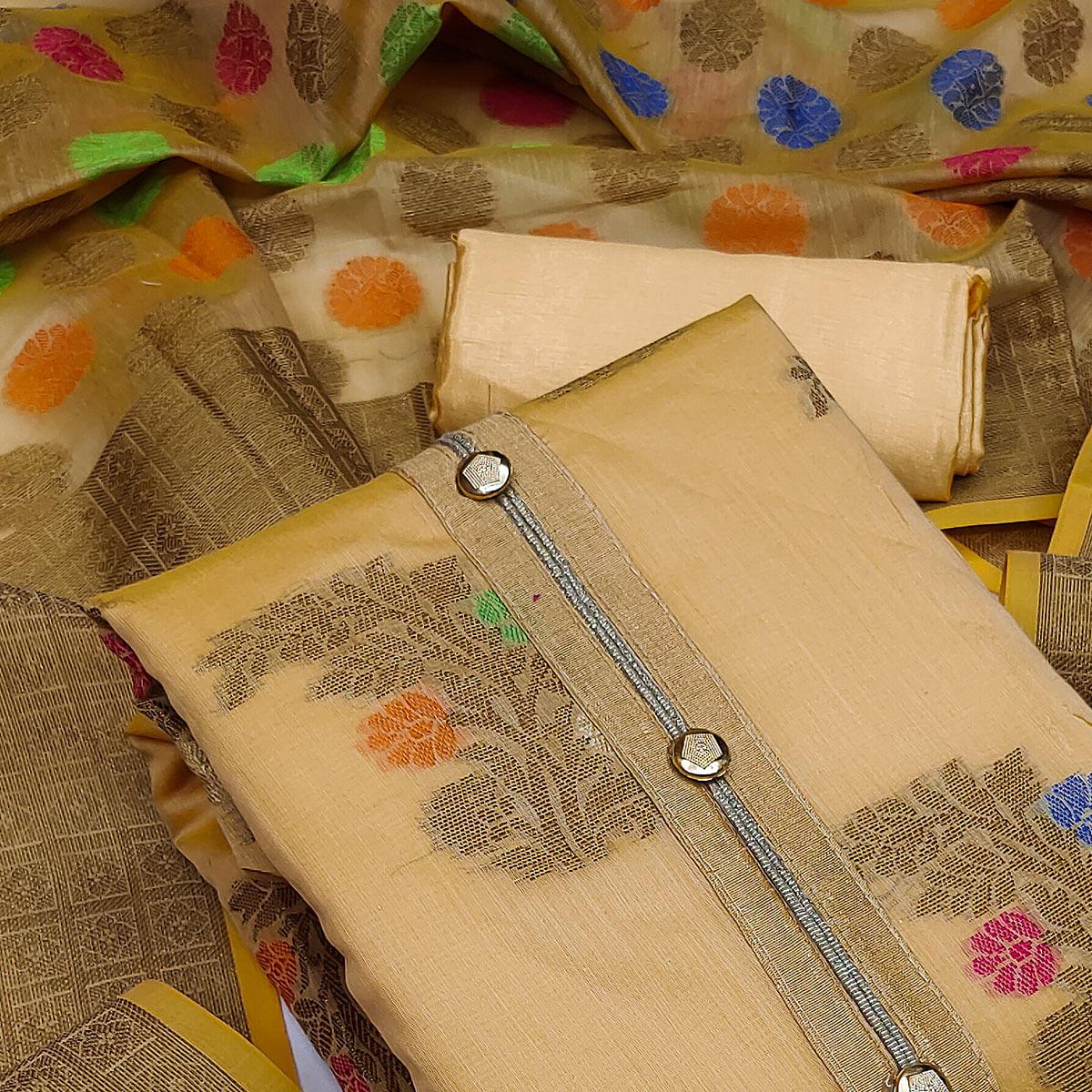 Chikoo Festive Wear Floral Woven Banarasi Silk Dress Material