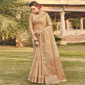 Chikoo Festive Wear Floral Woven Linen Saree