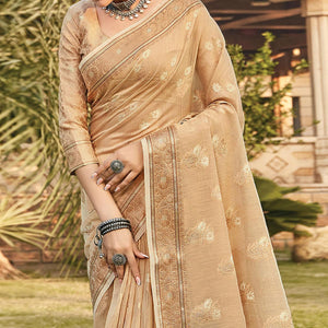 Chikoo Festive Wear Floral Woven Linen Saree