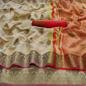 Chikoo Festive Wear Woven Border With Butta Work Cotton Saree