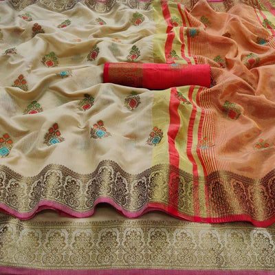 Chikoo Festive Wear Woven Border With Butta Work Cotton Saree